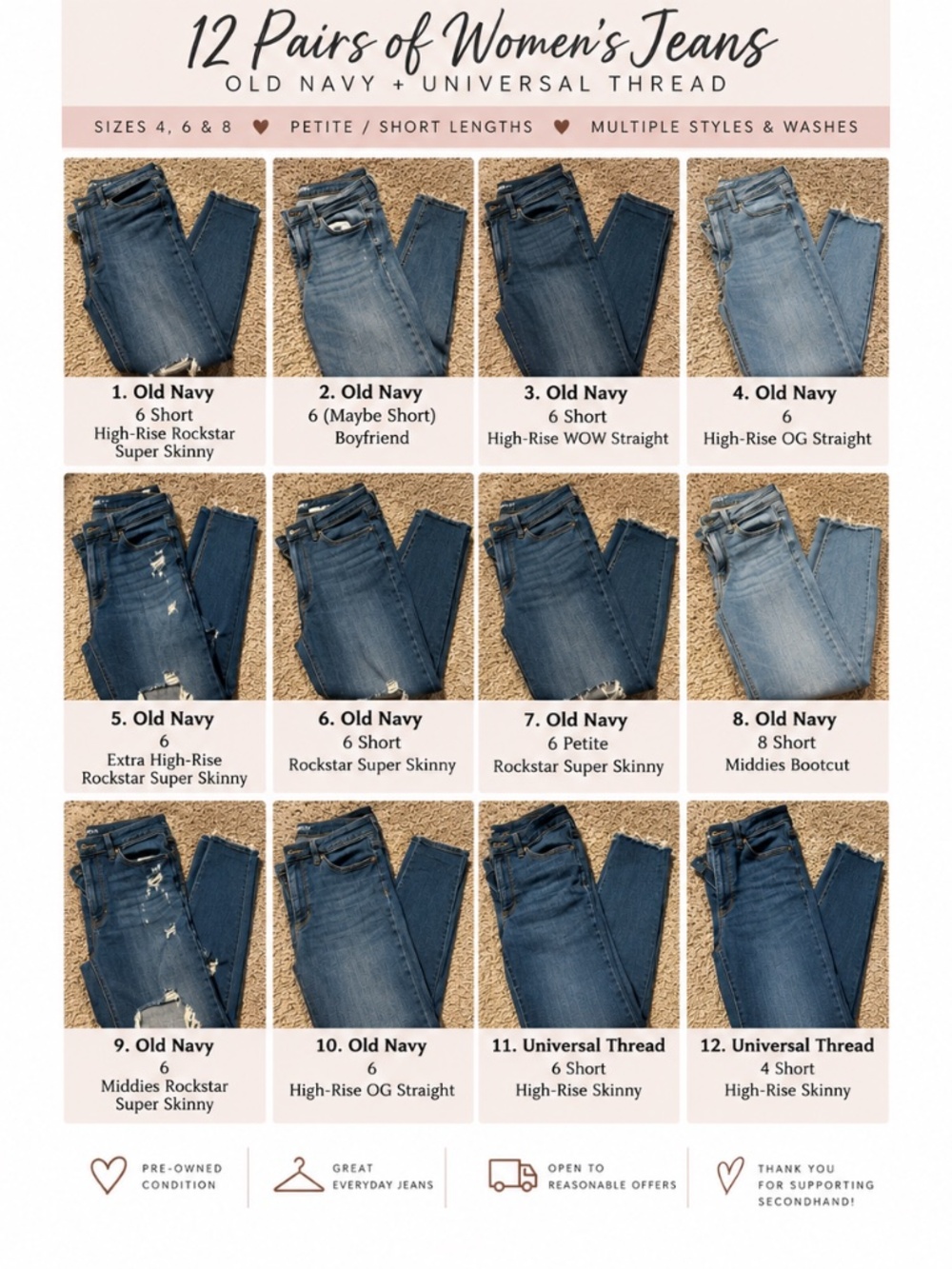 12 Pair Petite Short Jeans Lot Old Navy Universal Thread Sizes 4 6 8